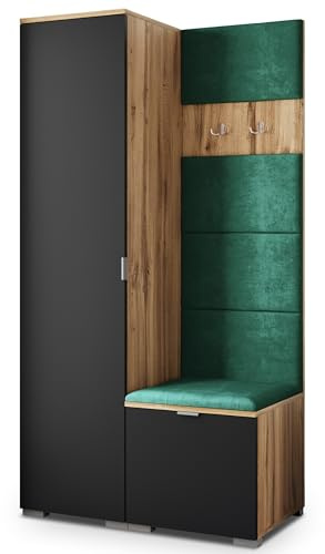 Masseno Flugarderoben Set Lori, Kleiderschrank-Set mit Sitzbank, Garderobenschrank Flur mit 3 Regalböden, Eiche Wotan/Schwarz