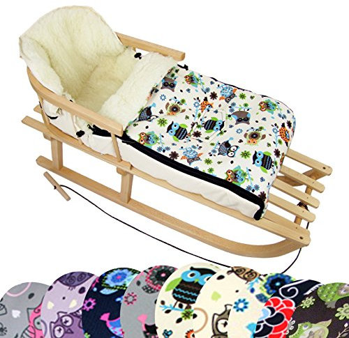 BAMBINIWELT Kombi-Angebot Holz-Schlitten mit Rückenlehne & Zugseil + universaler Winterfußsack (108cm), auch geeignet für Babyschale, Kinderwagen, Buggy, aus Wolle im Eulendesign (Eule $4)
