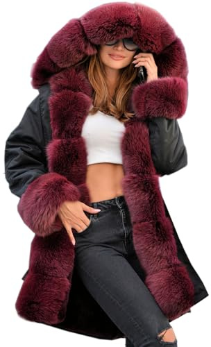 Aox Women Winter Faux Fur Hooded Coat Lady Warm Lined Thicken Parka Jacket Plus Size Outdoor Overcoat
