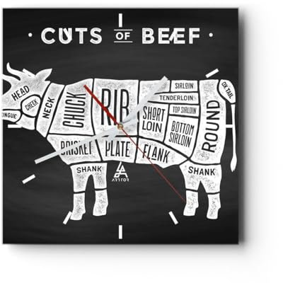 Modern Wanduhr Kuh Rindfleisch Kochen Grafik 40x40cm Quadrat Groß Wand Uhr Glas Analog Zimmeruhren Küche Büro Wohnzimmer Glasuhr Wall Clock Dekoration Design Wanddekoration Küchenuhr C3AC40x40-3156