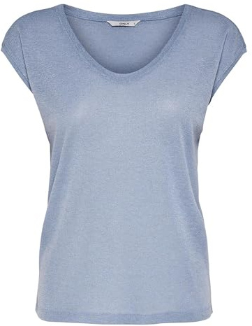 ONLY Damen Einfarbige Kurzarm Bluse Basic Rundhals Ausschnitt Blusen T-Shirt Blouse Oberteil ONLVIC, 15136069,Halogen Blue,XL