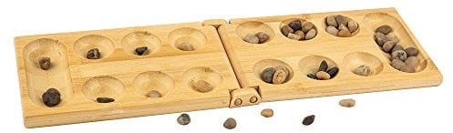 pandoo Bambus Mancala - Strategie-Brettspiel – Steinchenspiel, Kalaha, Bohnenspiel, Edelsteinspiel, Muschelspiel, Hus,Bao - Super auch als Geschenk geeignet