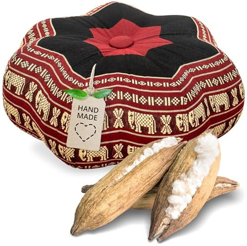 Livasia Meditationskissen Stern - Ø 30x15cm - Yogakissen mit Kapok, Pouf, Bodenkissen sternförmig Yoga Zen Meditation, Zafukissen für Garten und Balkon, Sitzkissen handgefertigt (Rot/Elefanten)
