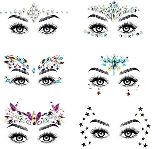 URAQT 6PCS Glitzersteine Gesicht, Glitzer Gesicht Edelsteine, Strasssteine Gesicht Aufkleber Temporäre Tattoo, Glitzersteine Selbstklebend Juwelen Kristall Strasssteine für Karneval Party Make-up