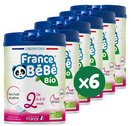 FRANCE BéBé BIO - Lait infantile de suite bébé 2ème âge en poudre - Fabriqué en France - OMEGA 3 - SANS HUILE DE PALME - BIFIDUS - Pack 6 boîtes de 800g