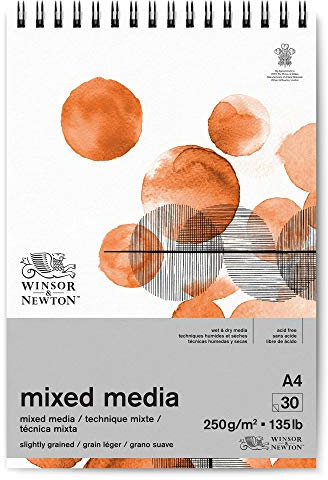 Winsor & Newton 6694002 Mixed Media Papier im Block - 30 Blatt DIN A4, 250g/m², FSC, Säurefrei, ohne optische Aufheller, stabil und Alterungsbeständig für alle nassen und trockenen Techniken, Weiß