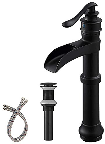 Robinet d'évier cascade pour salle de bain noir avec assemblage de vidange sans trop-plein poignée unique un trou en laiton antique robinet mitigeur de lavabo tuyaux d'alimentation sans plomb