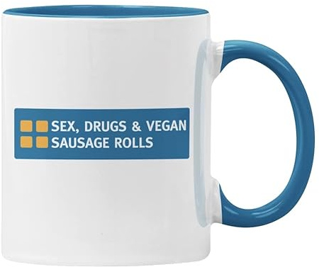 Plumfoolery Funny Vegan Mug Sex Drugs & Vegan Sausage Rolls Greggs Gift (Blue)