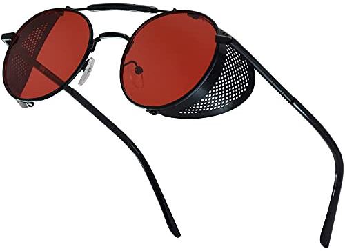XFentech Steampunk Brille - Runde Polarisierte Retro Vintage Sonnenbrille für Männer Frauen, A1 Schwarzer Rahmen - Rote Linsen