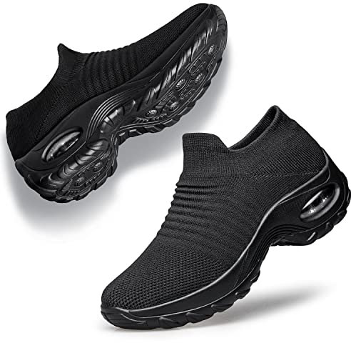 Raoendis Womens Trainers Slip on Walking Sneakers - Ladies Running Shoes Comfortable Breathable Sneakers Arch Support Orthopedic Shoes with Air Cushion Black Size 8