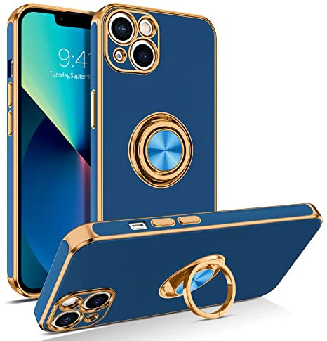 BENTOBEN for iPhone 13 Case with Ring, Phone Case for iPhone 13, Holder Edge Plating Rotation Kickstand Soft Silicone TPU Bumper Slim Flexible Shockproof Protective Cover for iPhone 13-6.1 Inch Blue