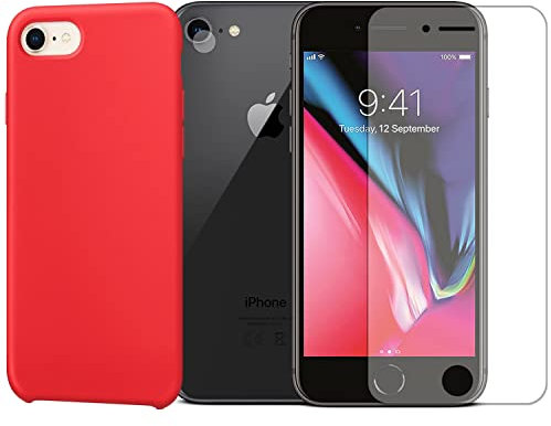 Visiodirect Protection intégrale Verre Trempé pour iPhone SE 2020 + Verre Trempé Caméra Arrière + Coque Souple Silicone Rouge