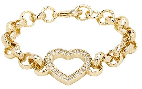 6mm Gold Plated Open Heart Diamond Belcher Bracelet, Adjustable 16K Real Gold Plated Uniquely Patterned Stylish Fashion Jewellery for Women and Teens (Length: 6 to 6.5, Weight: 24g)