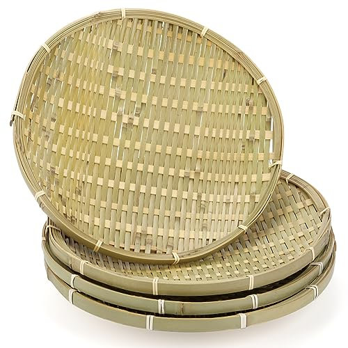 ZENFUN 4 Packs Bamboo Basket Tray, 30CM Round Hand Weave Bread Baskets for Serving, Woven Fruit Basket, Rattan Wicker Serving Basket for Garden, Daily Dinning, Kitchen Organization, Stackable