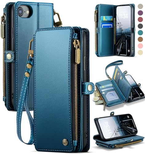 Defencase for iPhone SE/2020/2022/8/7 Wallet Case with Card Holder, Blue | Durable Soft PU Leather, with RFID Blocking Zipper Pocket & Strap, Snap Flip Phone Cases Cover with Stand for Women and Men