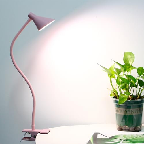 Lzonunl Pink Desk Lamp with Clip, 3 Light Modes & 10 Dimmable Brightness, Eye-Caring Small Book Reading Light, Bedside Lamp for Office, Bedroom, Study, USB Plug-in