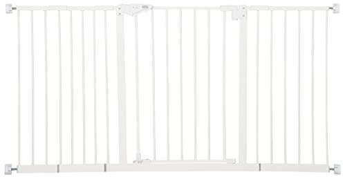 PawHut Barrera de Seguridad Extensible para Puertas y Escaleras Barrera para Perros con Cierre Automático y Sistema de Doble Bloqueo Metal 74-147,5x76,2 cm Blanco