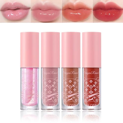 Rosarden Lip Glow Oil Set Feuchtigkeitsspendendes Lippenöl für Glänzende Lippen & Lippenpflege mit Farbe, Lipgloss Set für Mädchen und Frauen - 4 Farben (Set A)