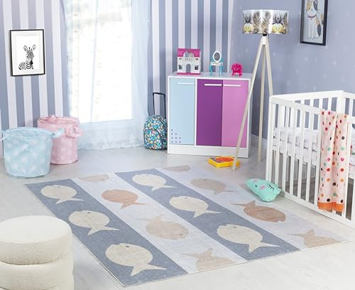 Livabliss Kinderteppich Fisch 80x150 cm – Waschbarer Krabbel- & Spielteppich fürs Kinder- oder Babyzimmer in Creme, Grau & Orange, für Jungen & Mädchen