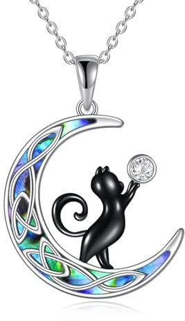 YAFEINI Black Cat Necklace 925 Sterling Silver Celtic Knot Crescent Moon Cat Pendant Abalone Shell Jewellery Gift for Women Girls