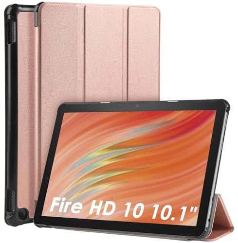 WD&CD Cuero Funda Compatible para Amazon Fire HD 10/10 Plus/ 10 Kids/10 Kids Pro 2023 10.1, Protector Compatible con Amazon Fire HD 10, Caso Carcasa Case Libro de Cuero con Soporte Función, Oro Rosa