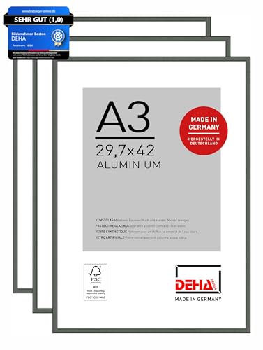 DEHA Design Bilderrahmen, 29,7 x 42 cm (A3) (3er Set), Aluminium, Grau matt, Posterrahmen zum Aufhängen im Hoch- & Querformat, bruchsicheres Kunstglas, Boston