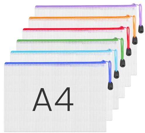 NICKLIN 6 Stück Dokumententasche A4 Dokumentenmappe Transparente Reißverschlusstaschen Mesh Kunststofftasche Wasserdichte Mesh Bag 6 Farben A4 Zipper Beutel für Bürobedarf Dokumente Papier Reise