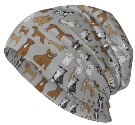 EgoMed Totenkopfmütze, Strickmütze, Sturmhaube aus Polyester, Slouchy-Beanie-Mütze, Laufmütze, Hunde, Grauer Hundestoff