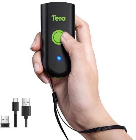 Tera Mini Scanner de Codes-Barres 1D : Scanner Laser sans Fil résistant à l'eau de Poche Compatible avec Bluetooth Câble USB Portable Fonctionne avec iOS Windows Android 1100L Vert
