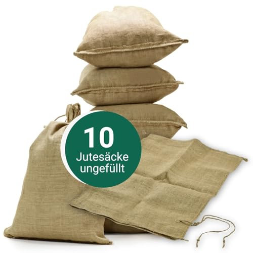 AGRI plus 10 Stück Hochwassersäcke unbefüllt I 40 x 60 cm I nachhaltige Hochwasserbarriere-Säcke aus Jute I Flutschutzsäcke mit Bindeband I stabile Sandsäcke mit Fassungsvermögen bis 20kg