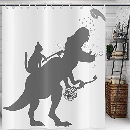 Rideau de douche Drôle 120x200, Hnmdmyi chat aide dinosaure salle de bain rideau de douche enfants garçon silhouette ombre noir blanc rideau de baignoire étanche polyester tissu lavable rideau de bain
