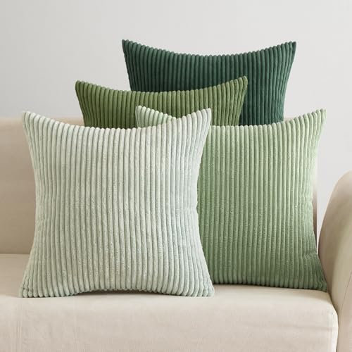 EMEMA Kissenbezug 45x45 cm Kordsamt Kissenbezüge 4er Set Dekokissen Sofakissen Kord Kissenhülle Zierkissenbezug Dekorative Cord Kissen Weiche für Sofa Wohnzimmer Schlafzimmer Salbeigrün Serie