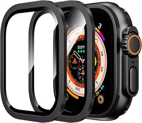 Hoerrye Protector de pantalla para Apple Watch Ultra/Ultra 2 de 49 mm, (2023/2022), marco de acero inoxidable, sin burbujas, cobertura completa, antipolvo, compatible con iWatch Ultra Series Black