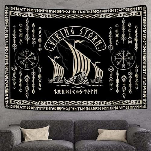 STCREE Nordic Vikings Wandteppich, groß, 203,2 x 152,4 cm, weiches Flanell, Wikinger-Kriegsschiff-Sturm, keltische Rune, skandinavische ästhetische Mythologie, Wandbehang für Schlafzimmer, Wohnzimmer,