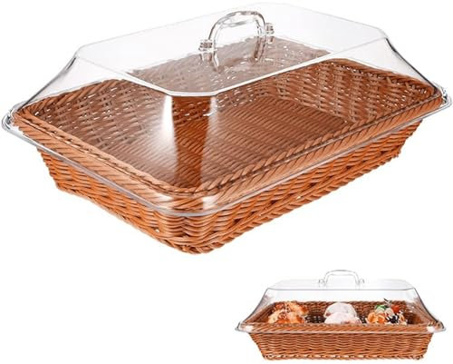 Wicker Bread Basket Imitation Rattan Basket with Lid Rectangular Woven Bread Baskets for Serving Fruit Basket for Vegetable Picnic Restaurant Kitchen 13.78x9.84x4.9 Inch