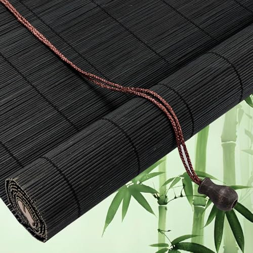 Natür Bambus Rollo Schwarz Sonnenschutz Bambus Raffrollo, Lichtfilter Belüftung Bambus Jalousette Retro Raffrollo Faltrollo Sichtschutz Bambusrollo,für Terrasse/Garten