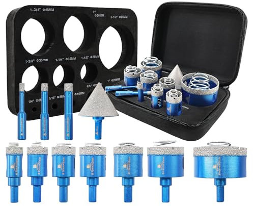 BRSCHNITT Ensemble de forets diamantés pour carrelage – 6/8/10/20/25/28/32/35/45/65 mm – Kit de scie-cloche pour carrelage en porcelaine pour céramique, granit, marbre et plus encore avec foret