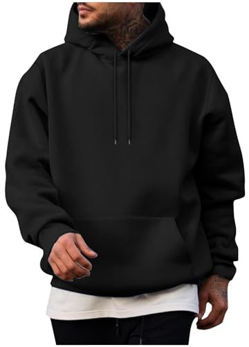 Classic Hoodies for Men UK, Drawstring Hooded Collar Plain Color Mens Hoodies Fleece Sweatshirt with Pocket Ribbed Cuff Long Sleeve Sweatshirts Dating Office Travel Trendy Workout