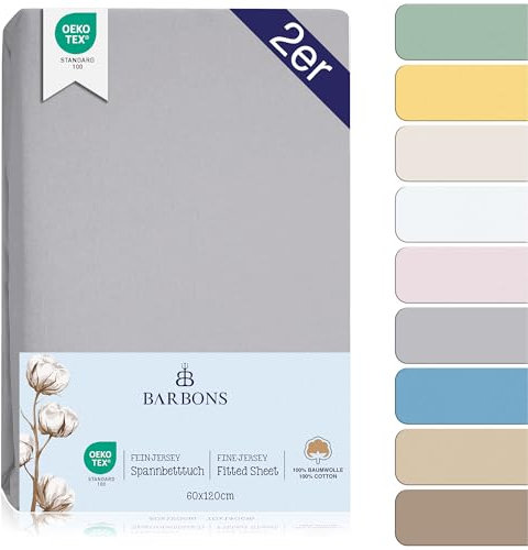 BARBONS Spannbettlaken für Baby/Kinderbett - 100% Jersey-Baumwolle Oeko-TEX Standard 100 Zertifiziert 60x120cm Bettlaken für Babybett (Hellgrau - 2er)