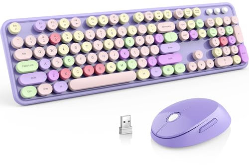 Wireless Keyboard and Mouse Combo, MOFII Full-Size Retro Round Keyboard and Mouse, 2.4 GHz Wireless, Plug and Play, 8 Multimedia & Shortcut Keysfor Mac, Windows, Laptop/Desktop/PC (Purple)