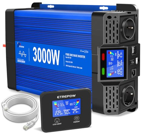 ETREPOW Convertisseur 3000W/6000W 12v 220v Pur Sinus Onduleur, 2 Prises UE, 2 Ports USB+Type-C, adapté aux appareils électroménagers, Camping,Camion