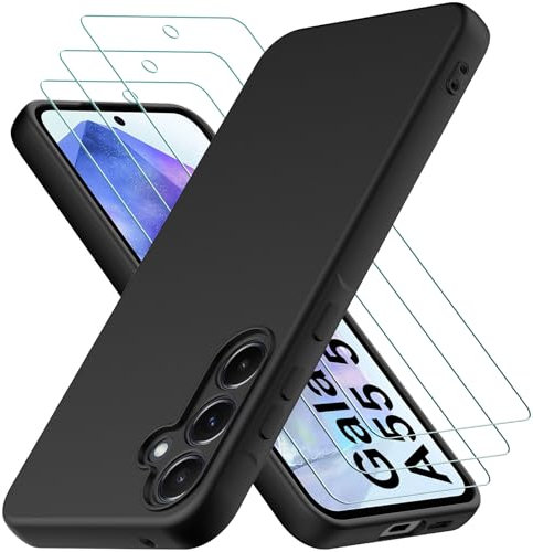 Coque pour Samsung Galaxy A55 5G, avec 3 Pièces Verre trempé Protection écran, Couche Intérieure Douce, Mince Souple Silicone Étui Protection Antichoc Bumper Housse TPU Téléphone Case Cover, Noir