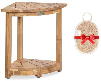 VICTORY RELAX Sgabello da doccia angolare in legno di acacia, sedia da doccia con gambe da barba, poggiapiedi per interni, tavolo da doccia può contenere 114,8 kg, con ripiano portaoggetti e