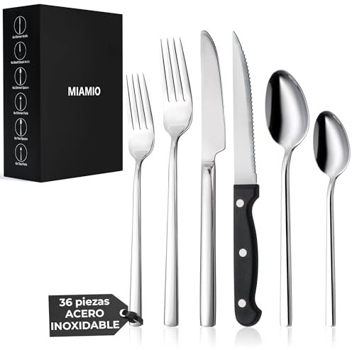 MIAMIO – Juego de Cubiertos de Acero Inoxidable para 6 Personas/Set de 36 Piezas – Incluye Cuchillos, Tenedores, Cucharas – Apto para Lavavajillas (Plata)