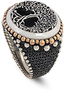 Jewellery Pit - Perlmutt Ring - Ring des Lebensbaums, Siegelring, graviert, poliert, 925 Sterling Silber Herrenring, handgefertigt, Vintage Verlobungsring mit Edelstein (53)