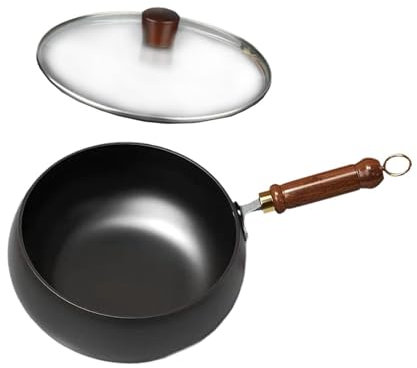 FLCPJGV 9,45 Zoll Wok aus Eisen mit flachem Boden für Gas und Induktionsherd, Rührpfanne für Küche und Camping, Glasdeckel