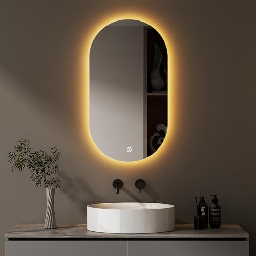 Hopibath LED Badspiegel Oval 90x50cm LED Spiegel Bad Runder Badezimmerspiegel mit Beleuchtung Wandspiegel Oval mit 3 Lichtfarbe Dimmbar Touchschalter