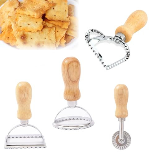 PACIOCEAN Ravioli Stamp Maker Set,4 Piece Wooden Handle Pasta Press with Fluted Edge,Pastry Cutter Wheel,Ideal for Pasta, Dumplings, and Cookies