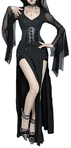 XKBHYD Ladies Gothic Maxi Dresses Two Piece Corset Dress Women Long Sleeve Punk Grunge Dresses Hight Split Long Dress