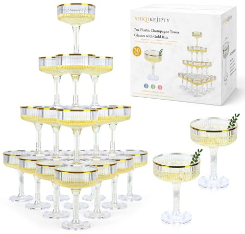 30 Pack Clear Champagne Tower Glasses 7OZ Plastic Martini Glasses Champagne Coupe Glass Cocktail Glass with Gold Rim Champagne Flutes Stackable Stemmed Coupe Glass for Weddings Birthday Party